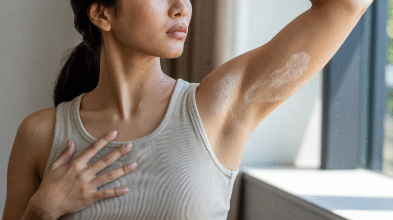 Close-up of underarm skin showing mild hyperpigmentation.