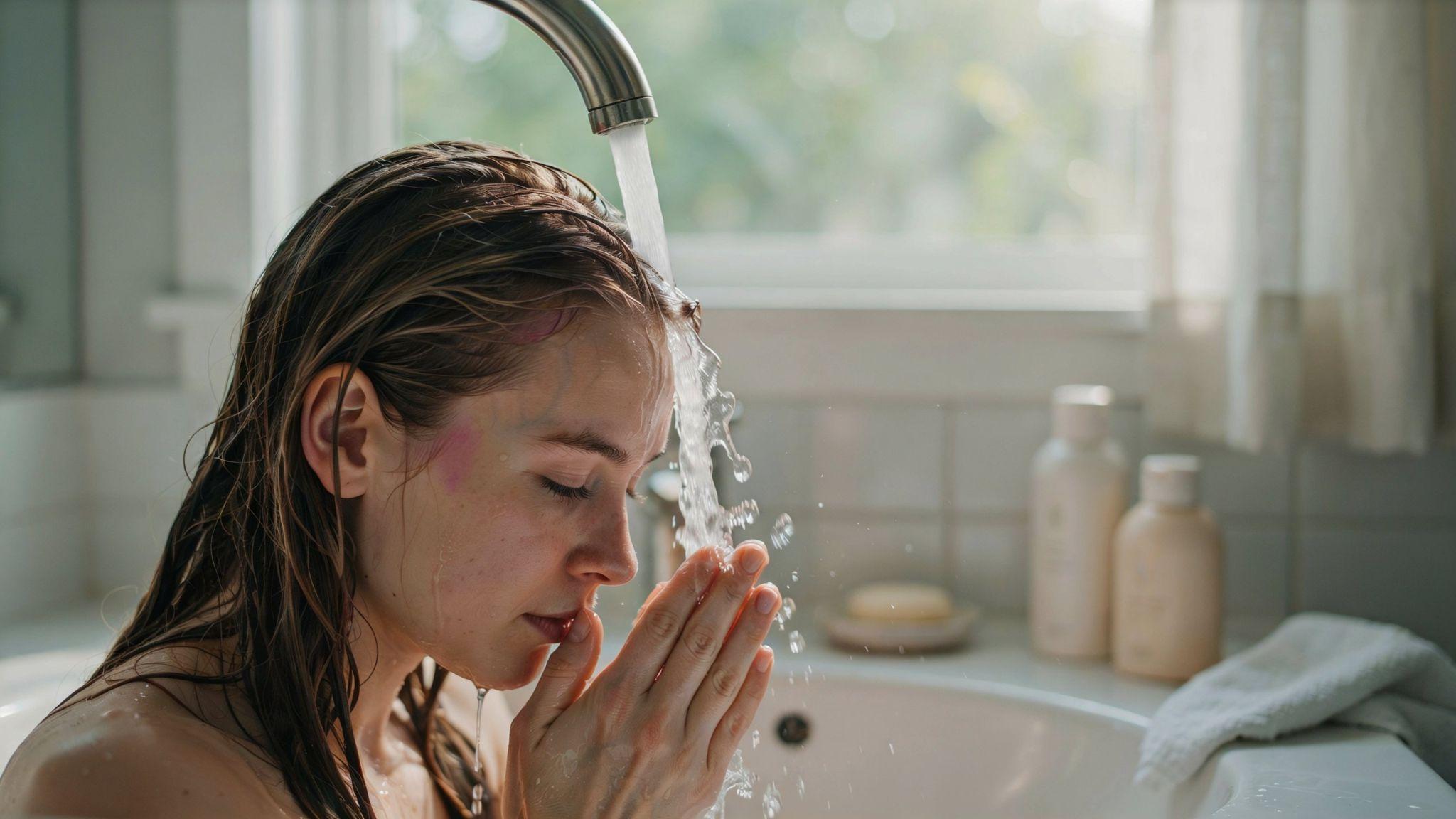Person washing faded semi-permanent hair dye under water, showing gradual color fading process.