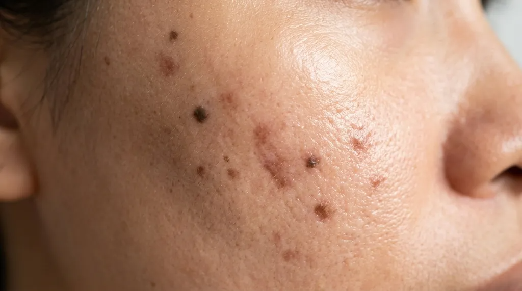 Small dark spots on facial skin caused by hyperpigmentation.