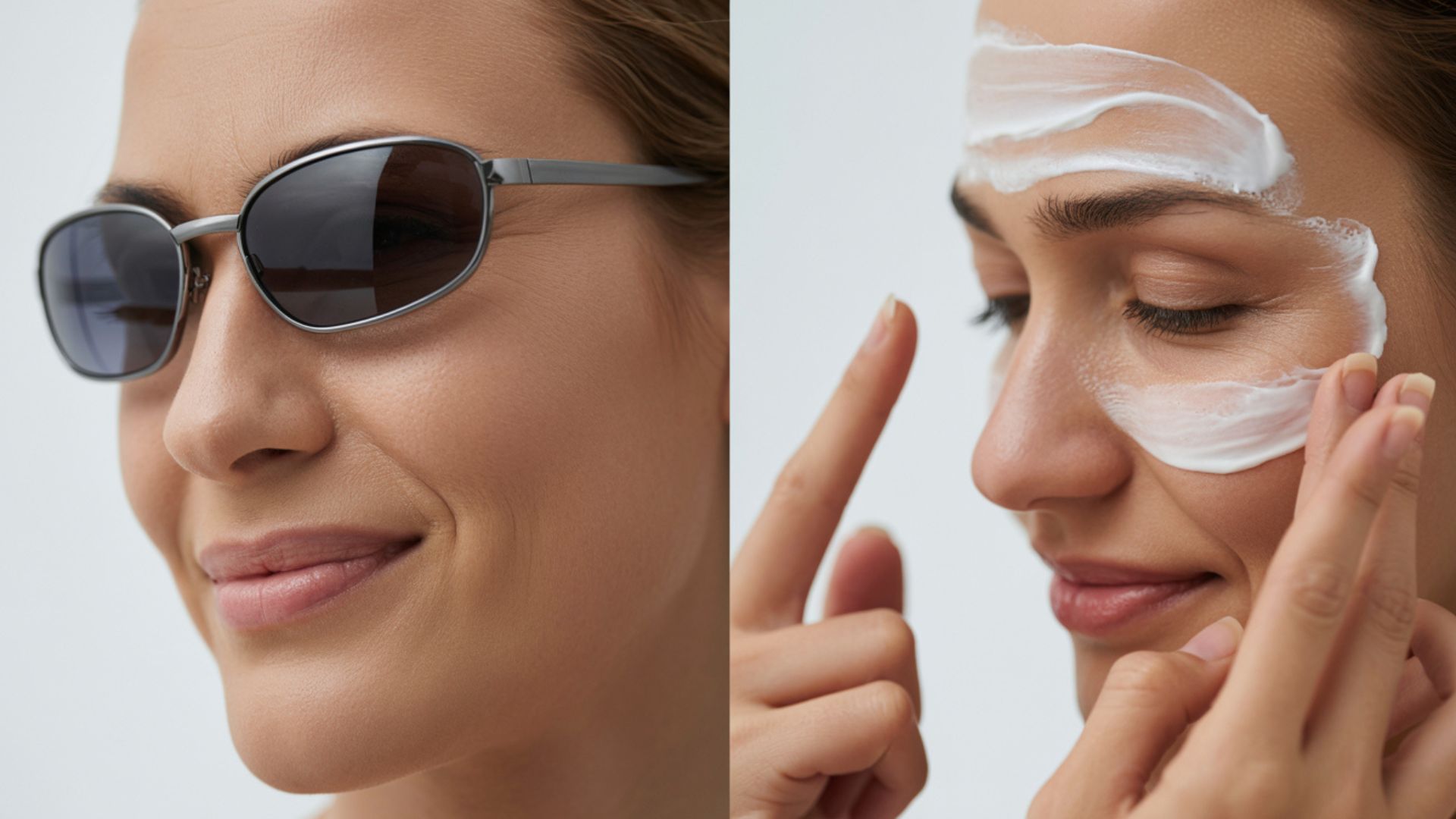 Two images showing a woman, using sunscreen and sunglasses for frown line prevention.