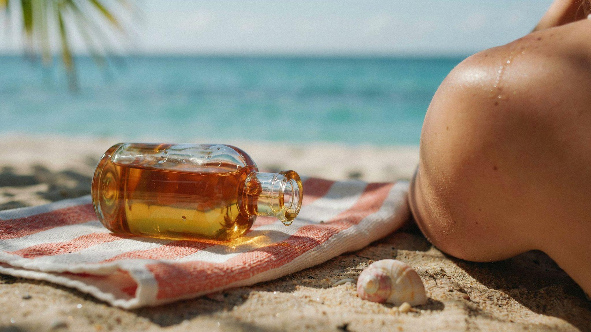 Tanning oil bottle under bright sunlight, highlighting tanning benefits without sun protection.