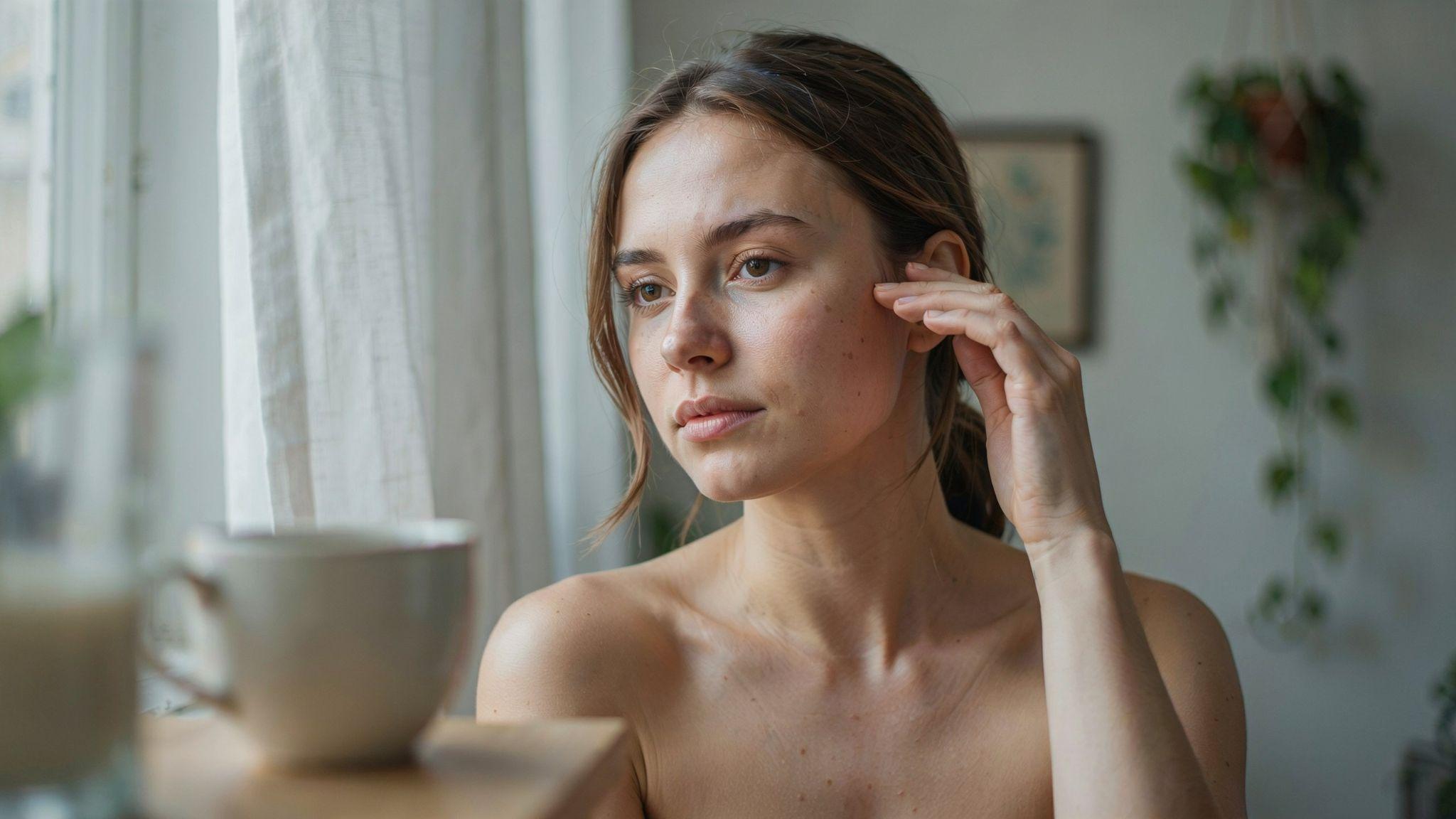 Person examining their skin in natural light, showing freckles and sun spots in a skincare awareness setting.