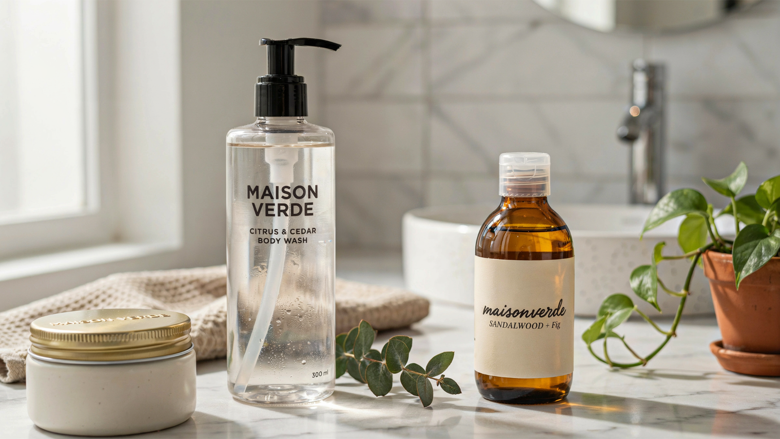 Maison Verde Citrus & Cedar Body Wash beside a Sandalwood + Fig amber bottle on a marble bathroom countertop.
