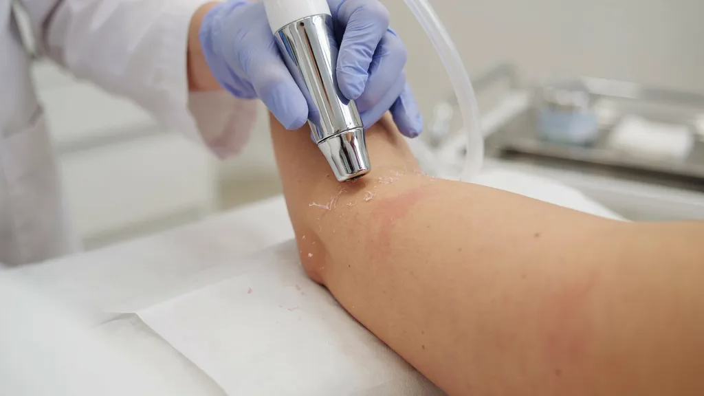 Close-up of microdermabrasion treatment being performed on elbows to remove dead skin.