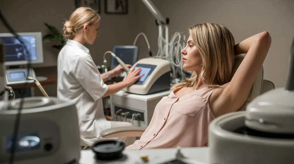 Dermatologist evaluating underarm pigmentation during a medical consultation.