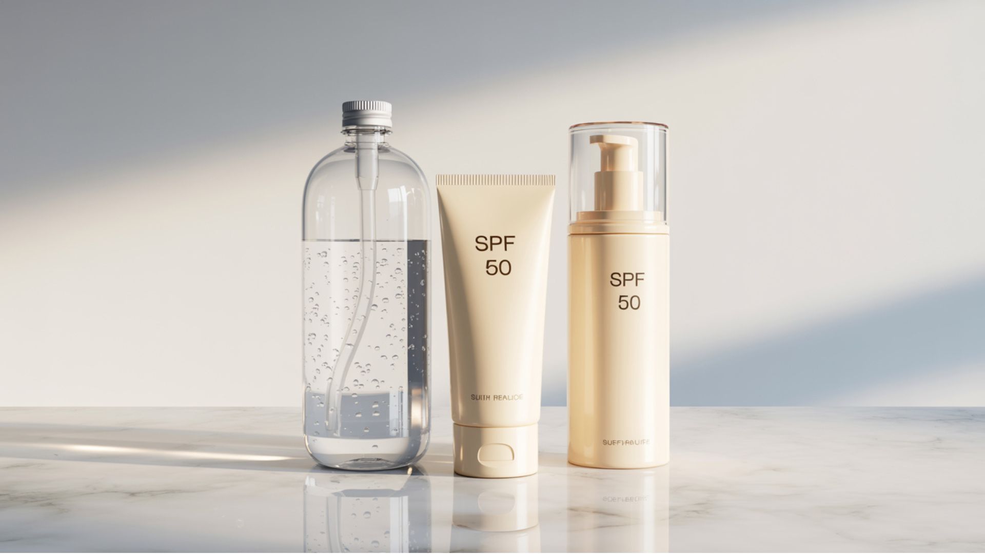 Water, cream and sunscreen, illustrating hydration and skincare for reducing frown lines naturally.