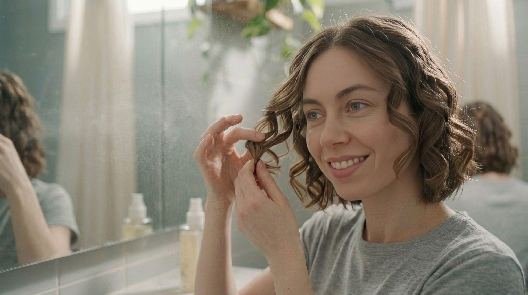Woman separating and finishing cooled curls on short hair.