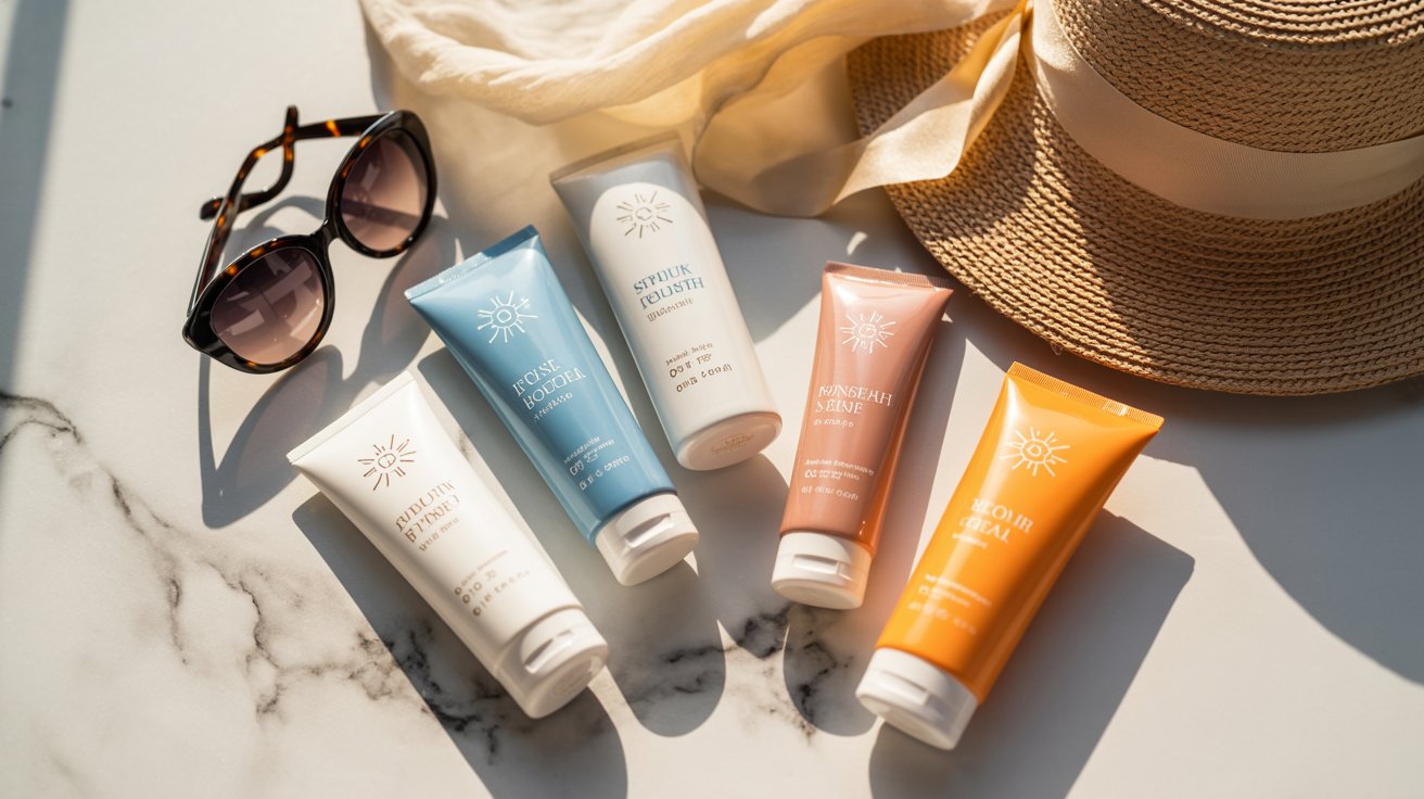 "Flat lay of sunscreen bottles with different SPF levels beside summer accessories on a bright marble surface"