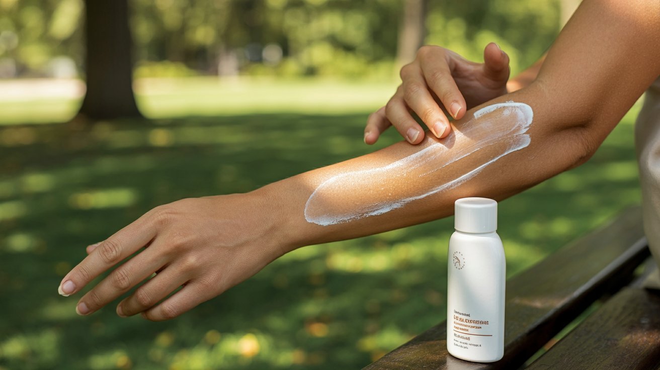 Person applying broad-spectrum sunscreen outdoors, illustrating protection against UVA and UVB sun rays
