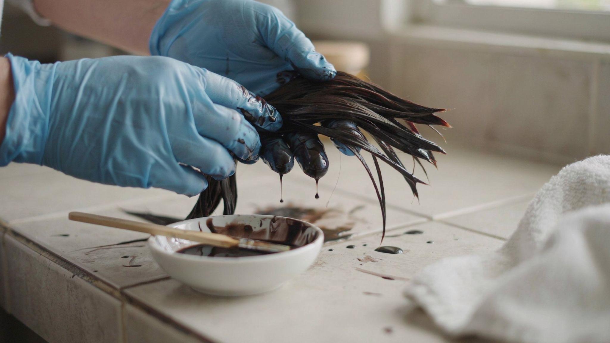 Applying ink dye evenly through synthetic hair strands.