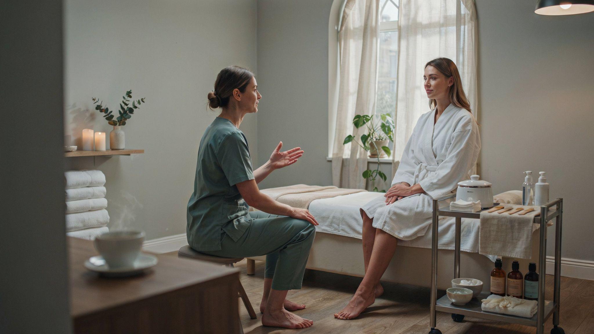 Client having a calm consultation and preparation discussion before a first Brazilian wax in a professional spa.