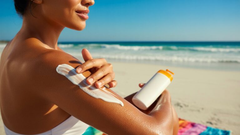 Tan individual applying sunscreen on sunny beach, illustrating sun protection while developing natural color