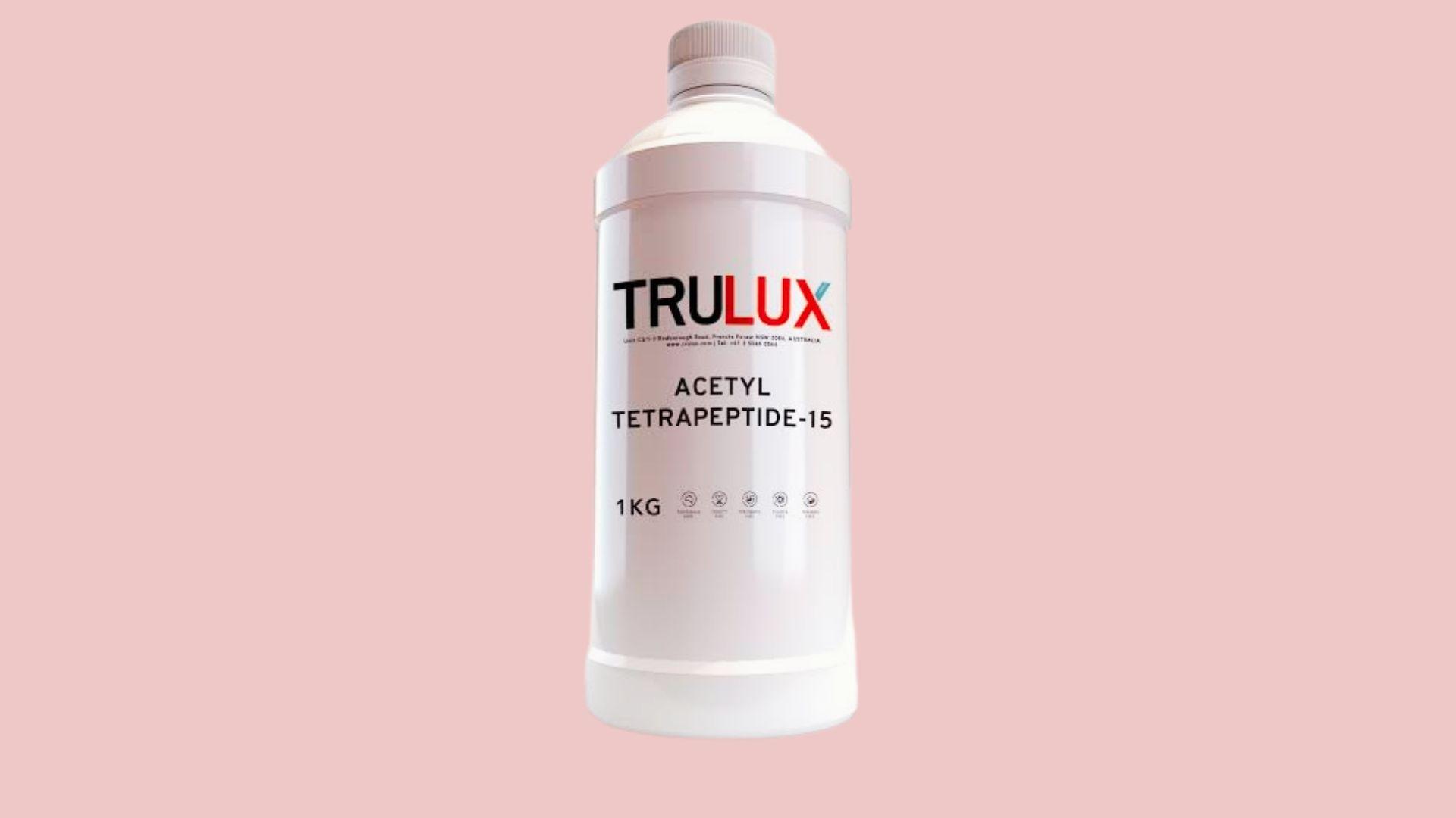 Trulux Acetyl Tetrapeptide-15 white 1 KG plastic bottle with black cap, black text label, pink