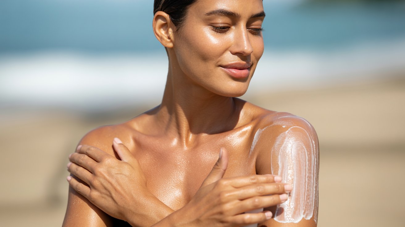 Tanned person wearing sunscreen outdoors, showing melanin production despite partial UV protection exposure