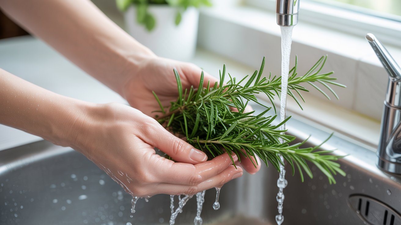 Fresh rosemary sprigs being rinsed under clean water before herbal hair treatment