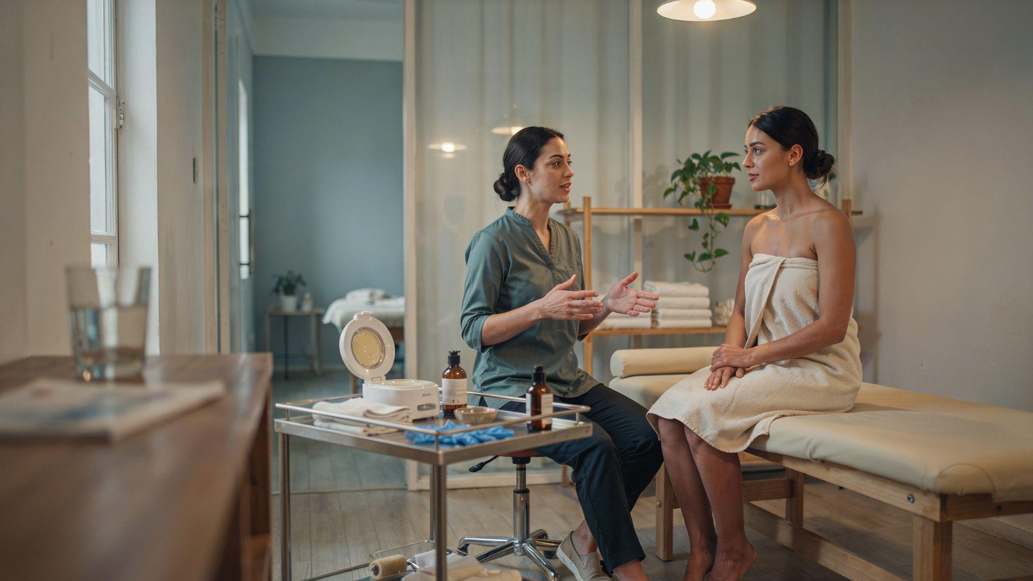 Client discussing Brazilian wax options with esthetician in a calm spa consultation setting.