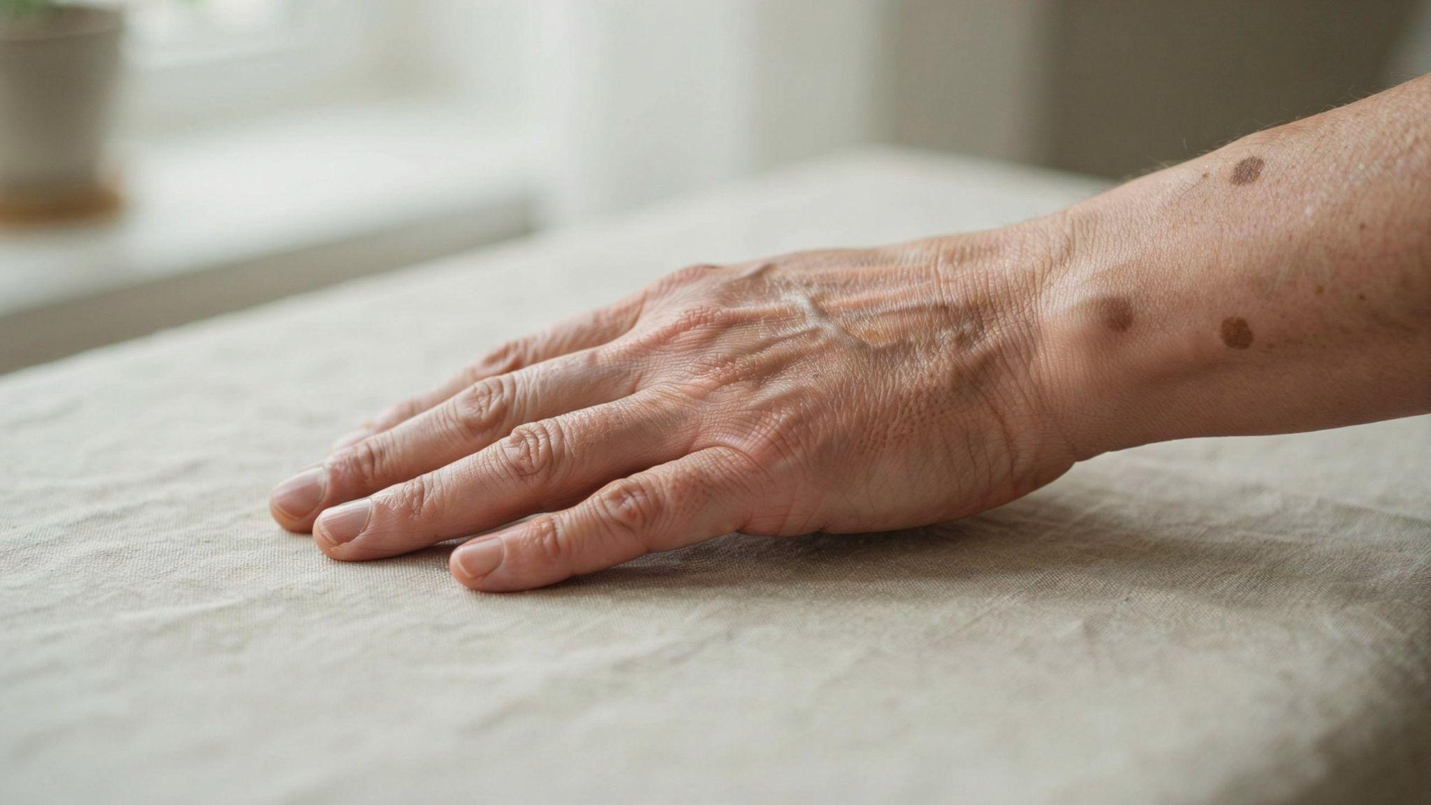 Close-up of sun spots on sun-exposed skin of a hand under natural daylight.