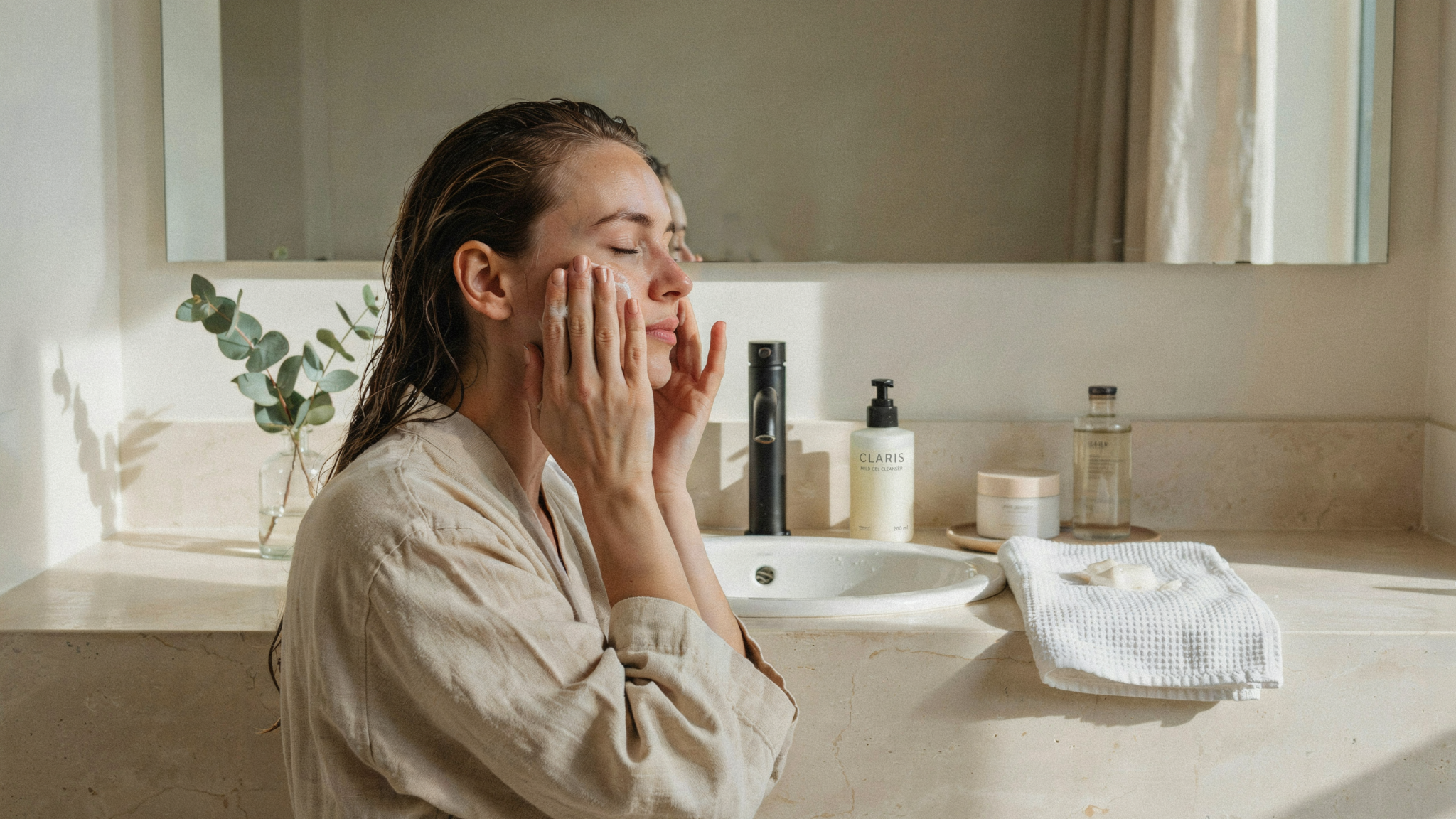 A woman applies Claris facial cleanser foam at a beige marble bathroom sink with skincare products nearby.