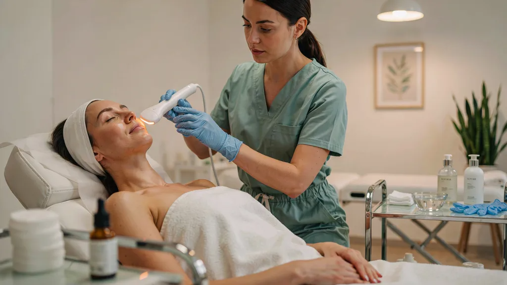 Woman undergoing a non-invasive facial lifting procedure.
