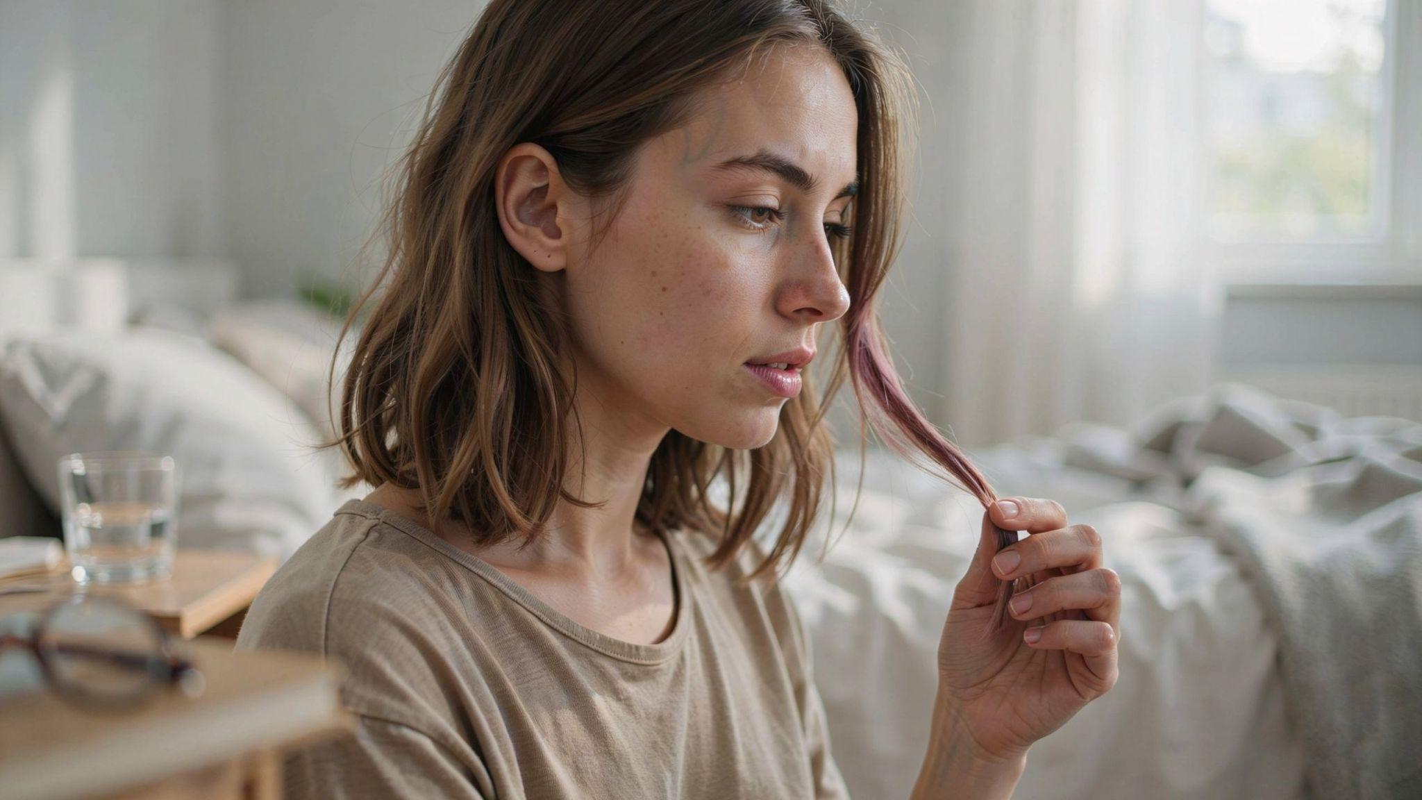 Close-up showing semi-permanent hair dye sitting on the surface of hair strands in a realistic home setting.