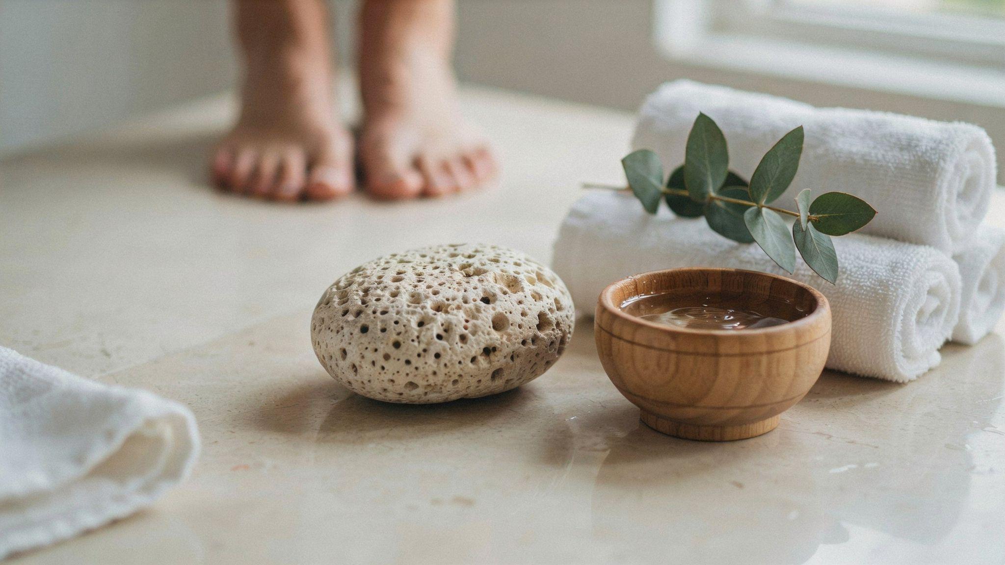 Natural pumice stone displayed in spa setting beside towels and water for skincare