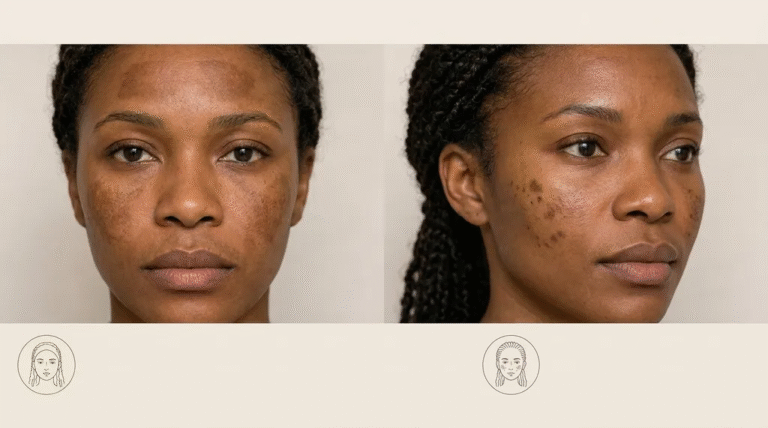 Side-by-side visual comparison of melasma and hyperpigmentation on facial skin.