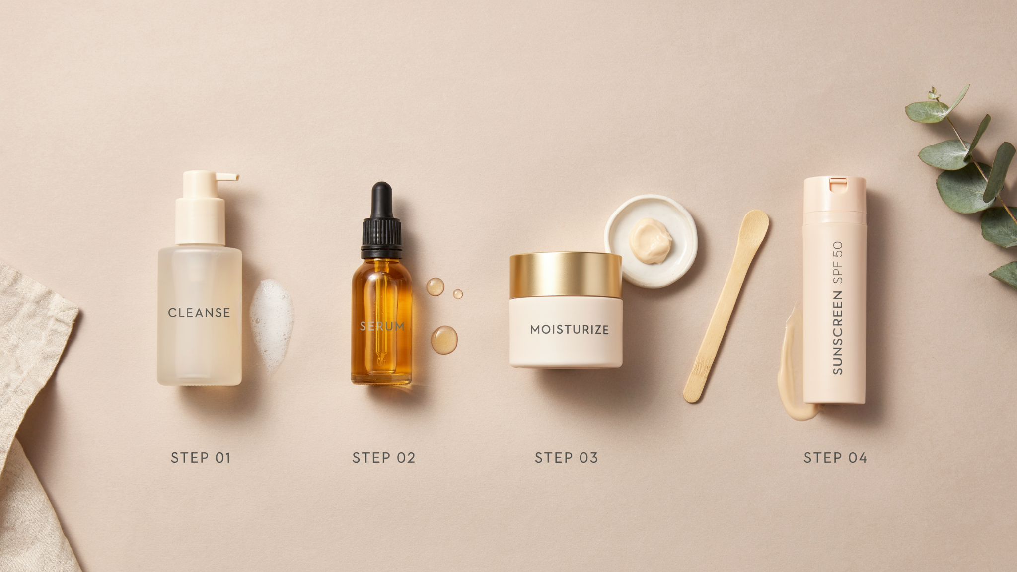 skincare products arranged in correct order showing cleanser hyaluronic acid niacinamide moisturizer and sunscreen for proper daily layering routine guidance clearly.