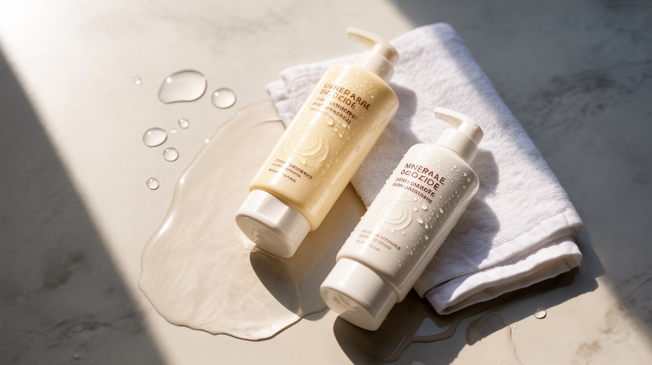 "Chemical and mineral sunscreen products displayed with sunlight and water droplets representing UV protection and sunscreen reapplication"