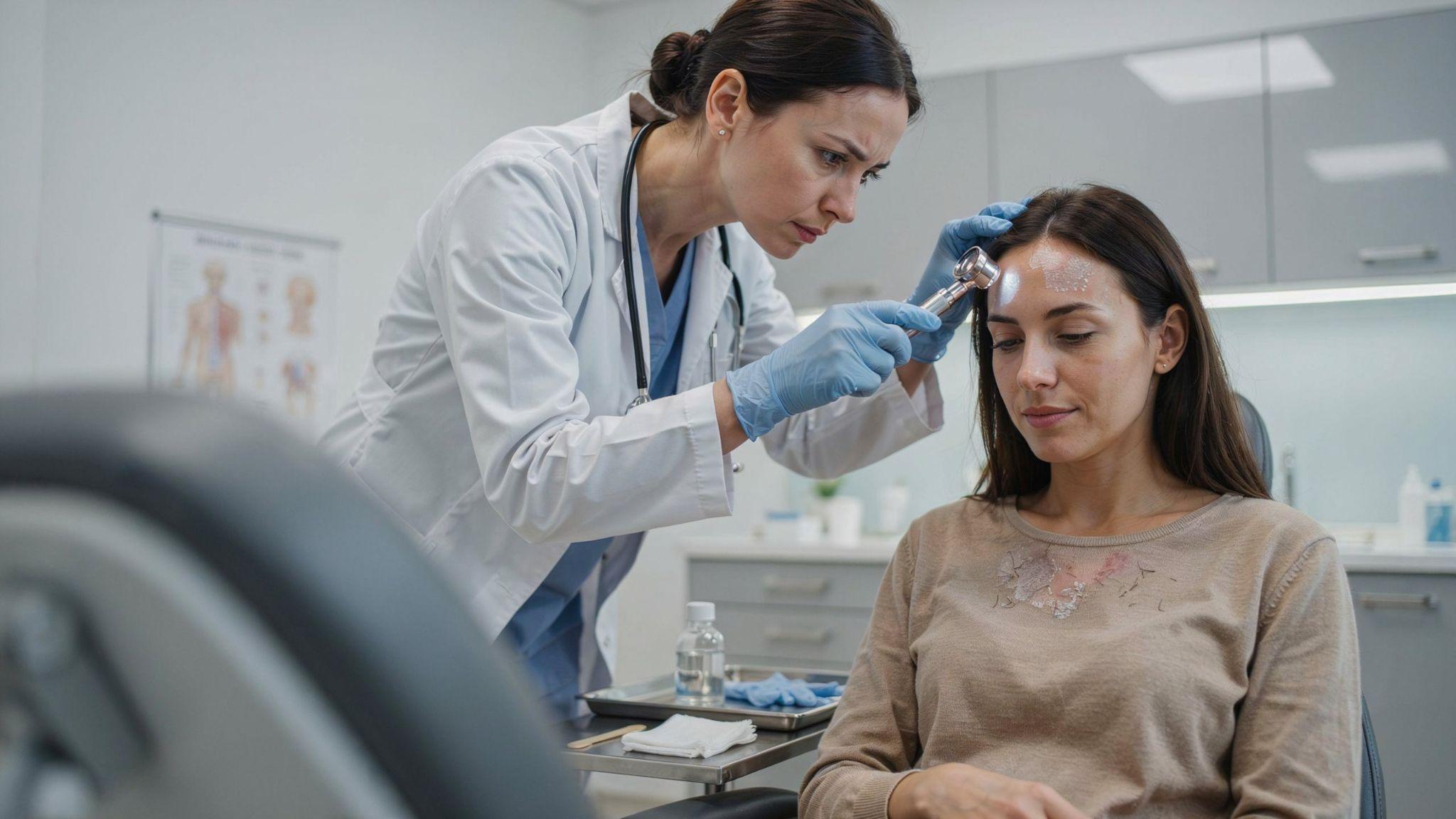 Dermatologist examining contagious fungal scalp infection with localized scaling and hair loss