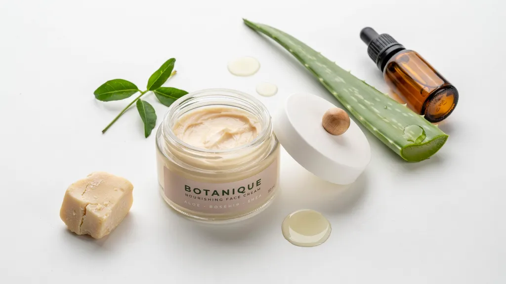 Natural face moisturizer in an open jar with aloe vera rosehip oil and shea butter on a clean bright surface.