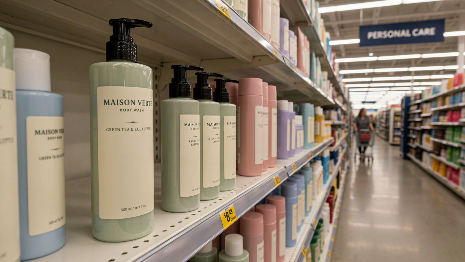 Maison Verte Green Tea & Eucalyptus Body Wash bottles displayed on a retail store personal care aisle shelf.