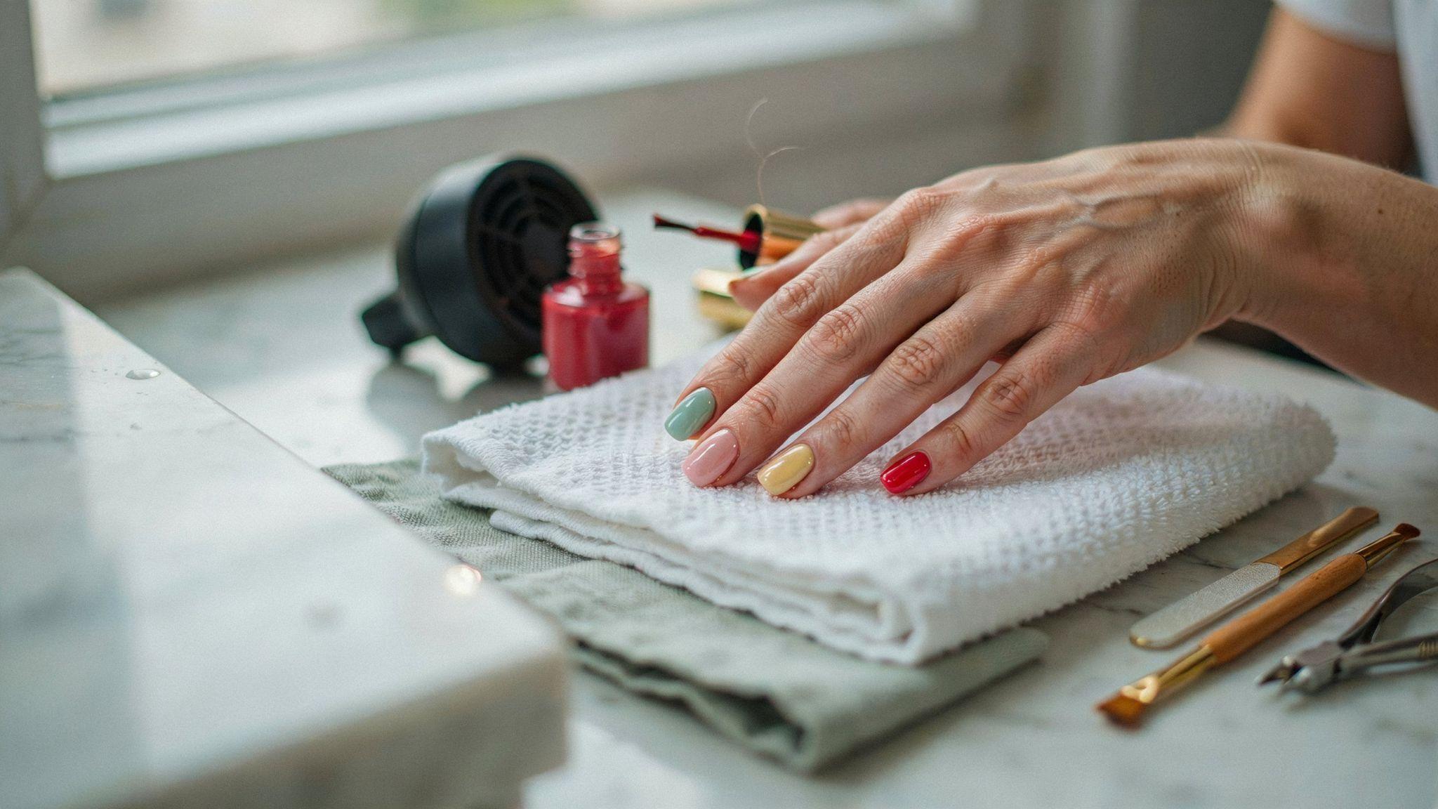 Freshly painted fingernails drying beside manicure tools in bright salon setting with glossy finish