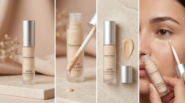A four-panel product showcase of GlowieSoul AirLift Fluid Concealer featuring the full bottle against a warm beige background.