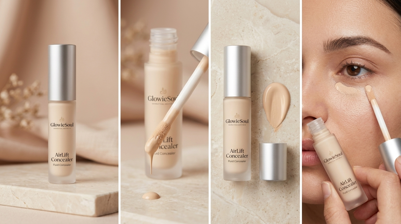 A four-panel product showcase of GlowieSoul AirLift Fluid Concealer featuring the full bottle against a warm beige background.