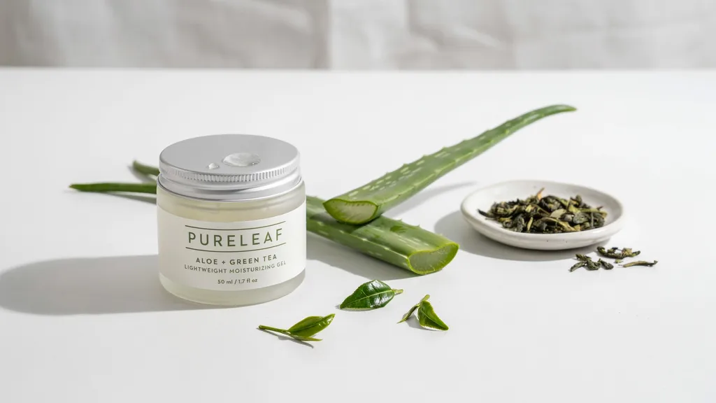 Aloe based face moisturizer with fresh aloe leaves and green tea arranged on a bright fresh background.