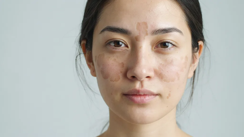 Facial melasma appearing as larger brown patches on the cheeks and forehead.