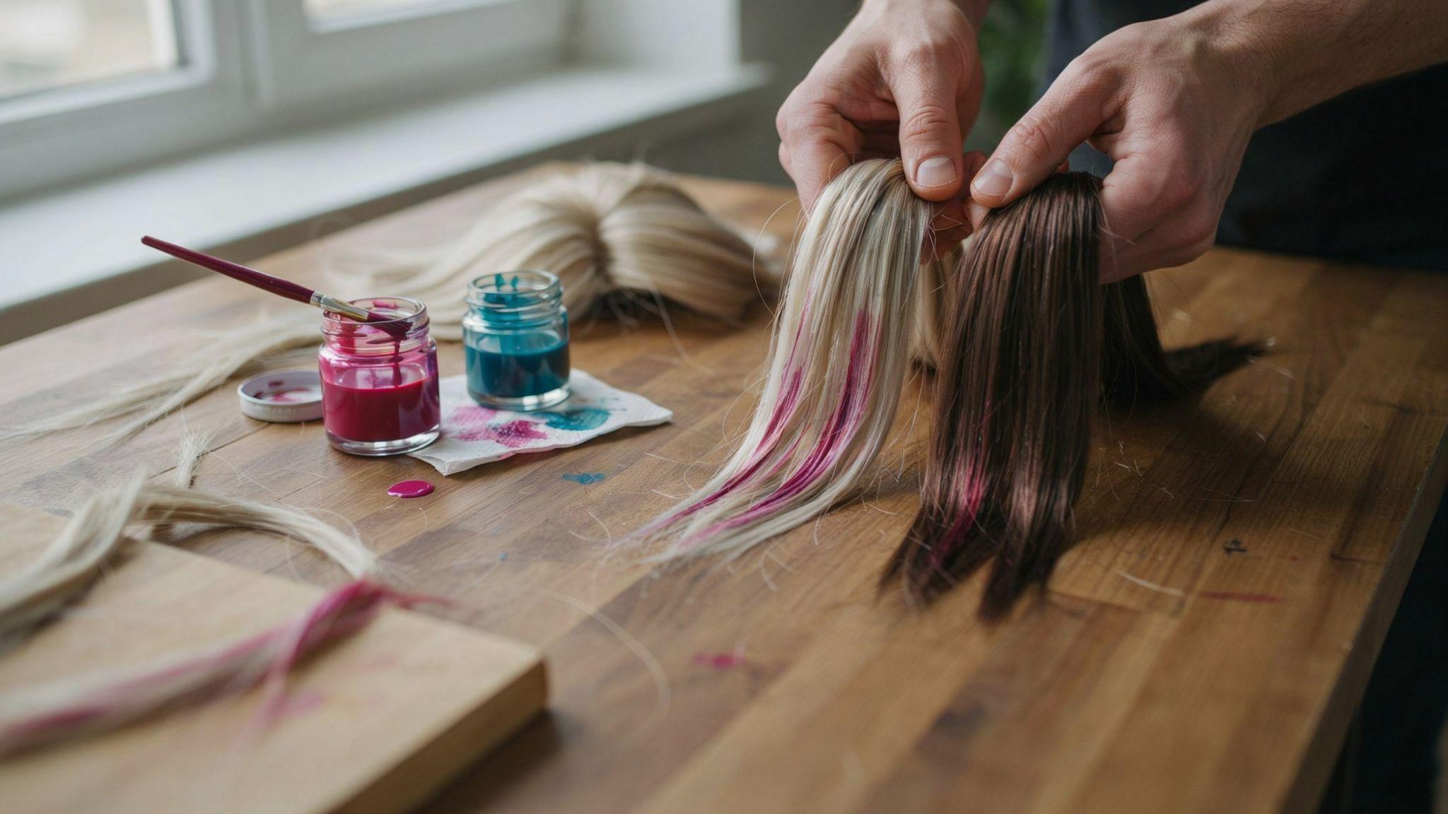 Person comparing how dye appears on different synthetic hair strands in a realistic home setup.