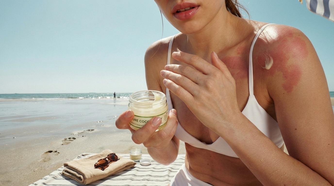 Woman applying coconut oil under strong sun showing early sunburn and skin redness highlighting risks of UV damage without proper protection.