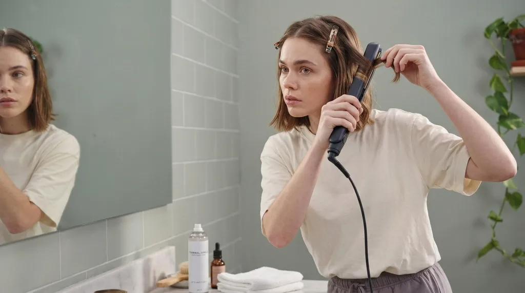 Woman rotating flat iron to form curls in short bob hair.