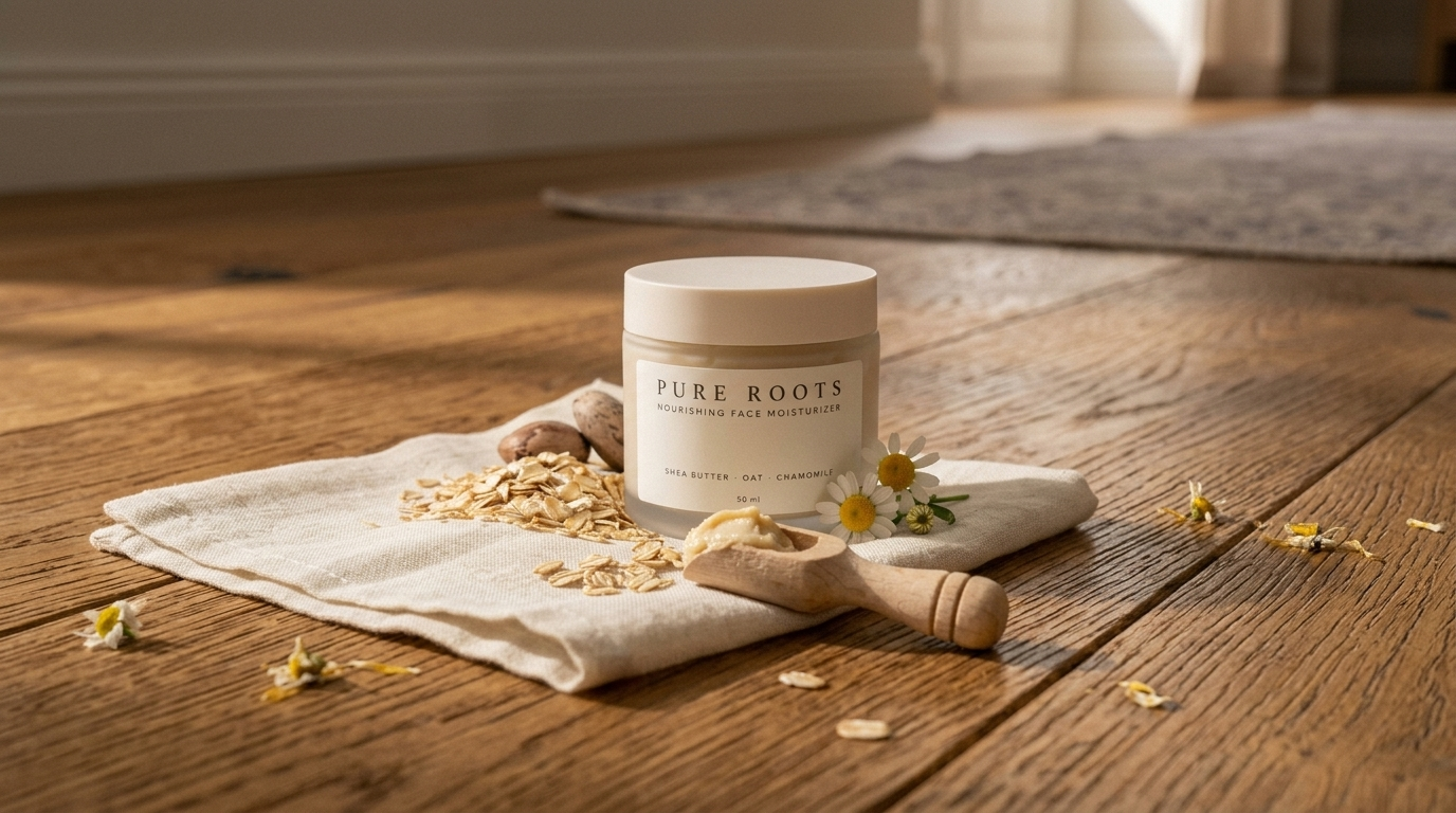 Multi purpose face moisturizer with shea butter oat flakes and chamomile flowers on clean neutral background.