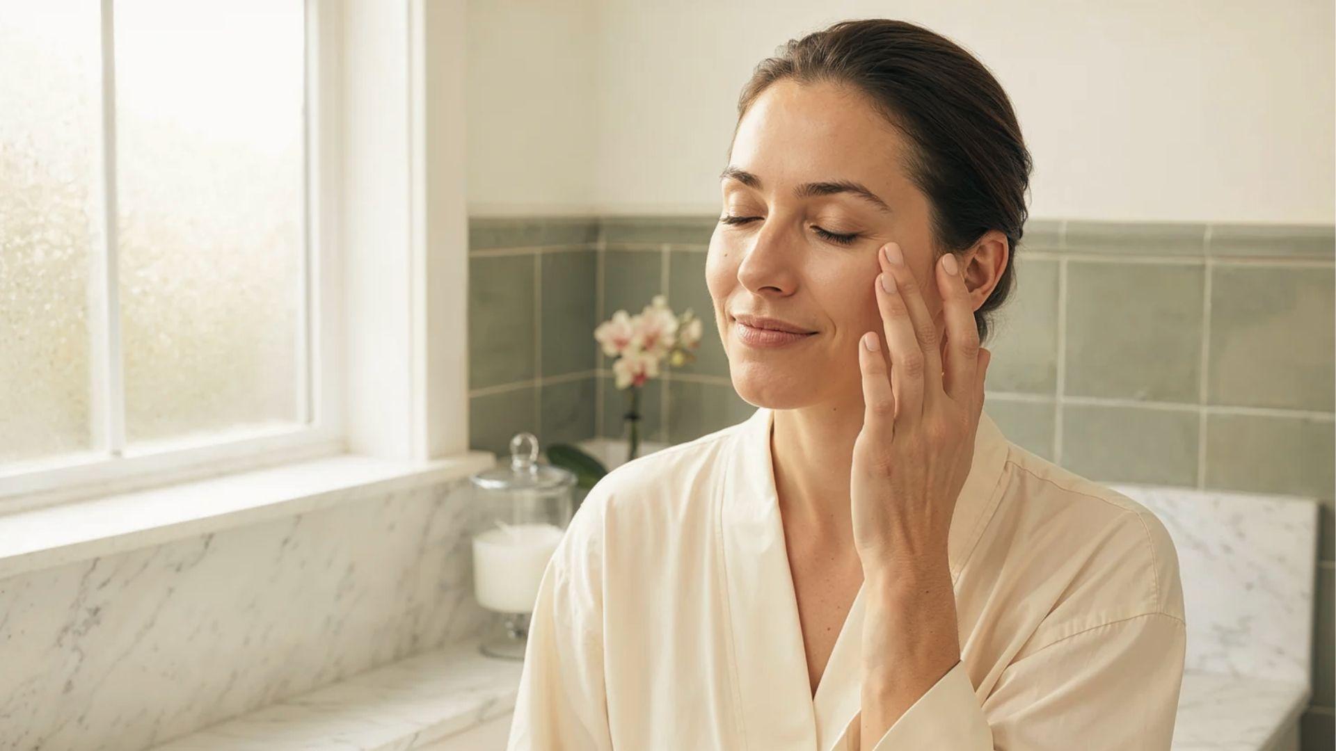 Woman applies daily under eye cream as part of expert recommended anti wrinkle skincare routine