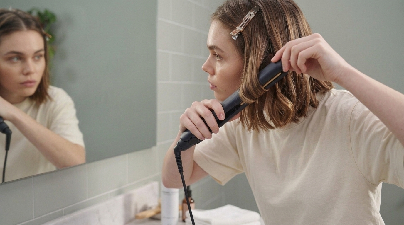 Flat iron gliding down short hair while shaping a curl.