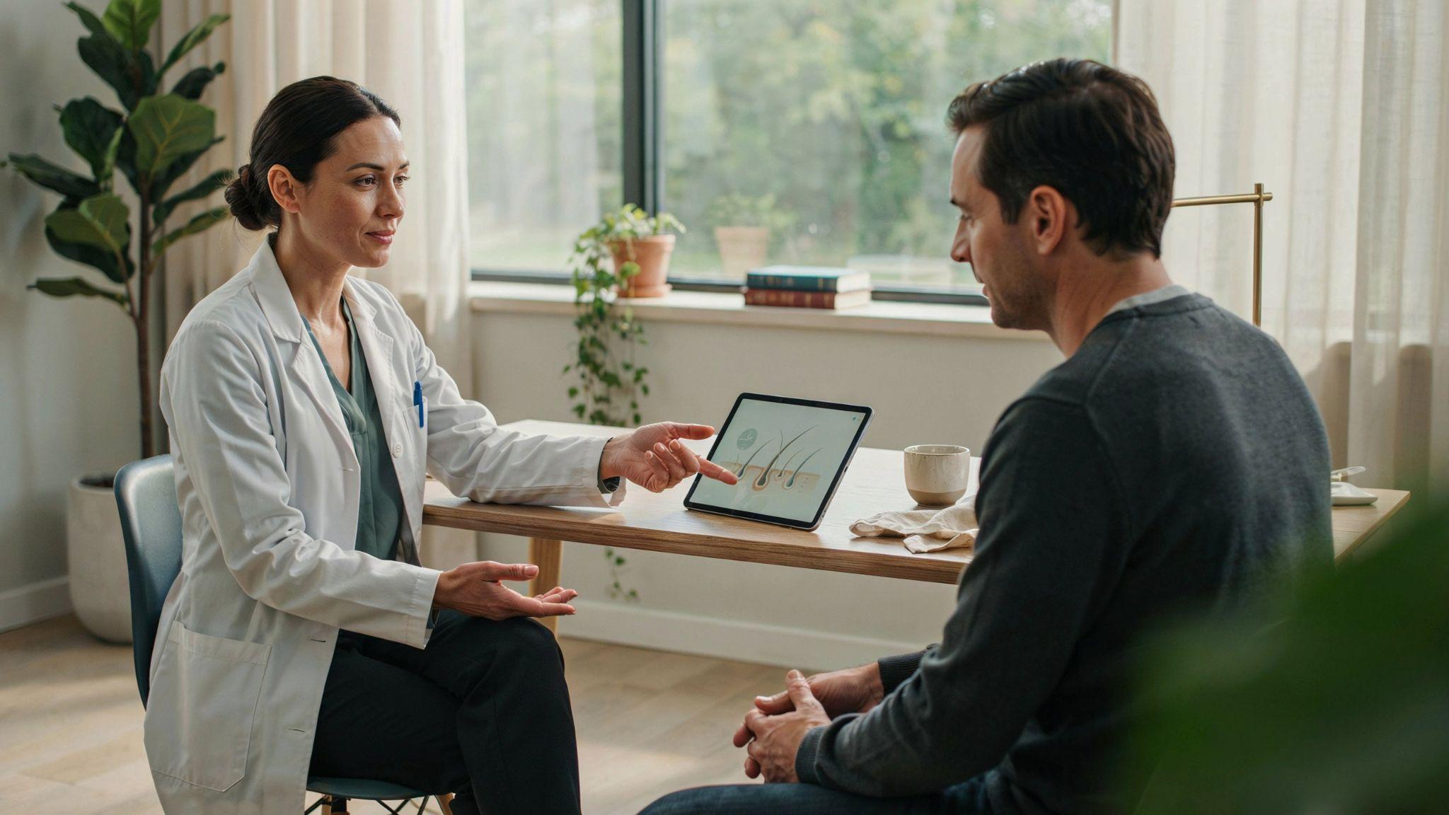 "Dermatologist consulting patient in clinic about hair health in realistic medical setting"
