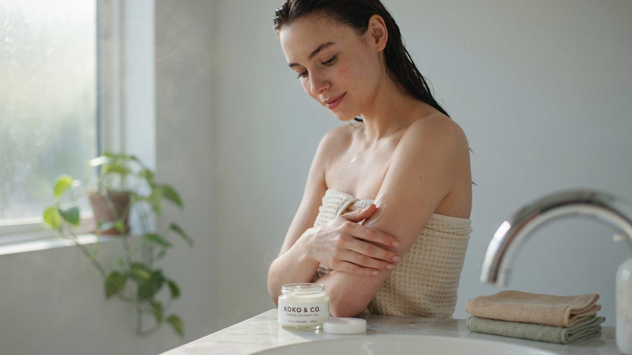 woman applying coconut oil indoors showing skin hydration benefits and natural glow without sun exposure in daily skincare routine.