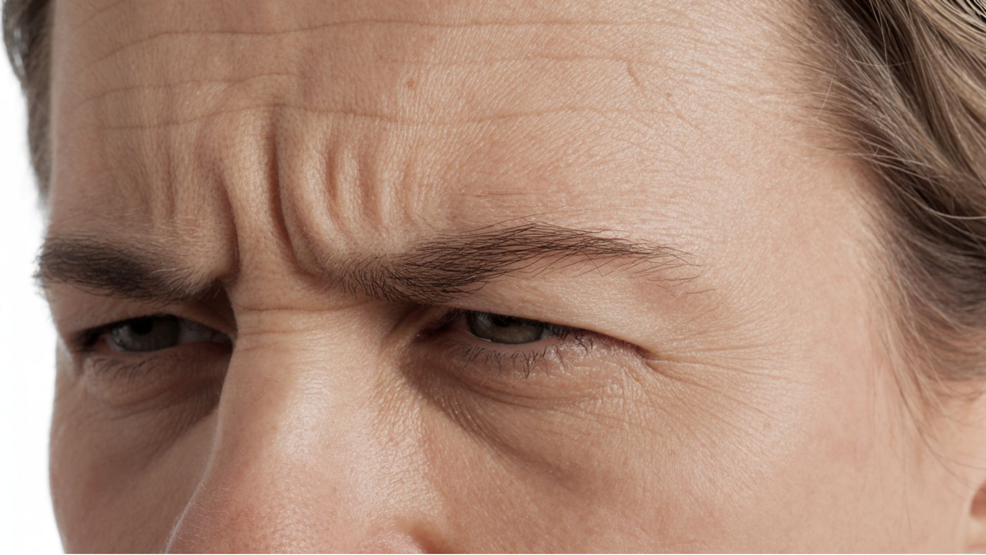 Detailed view of a woman's face with prominent wrinkles and frown lines, illustrating the effects of aging on skin.