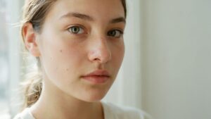 Close-up of a face showing natural freckles and sun spots under soft daylight for comparison.