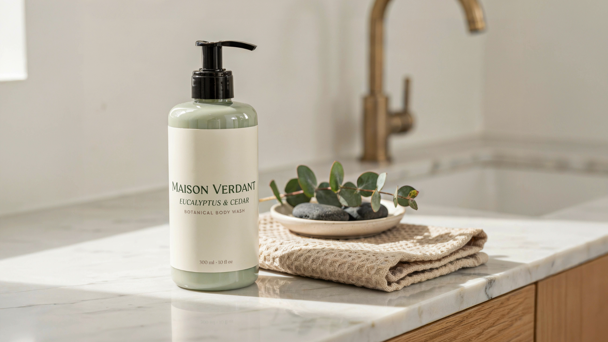 Maison Verdant Eucalyptus & Cedar Botanical Body Wash pump bottle on a marble counter with eucalyptus and stones.