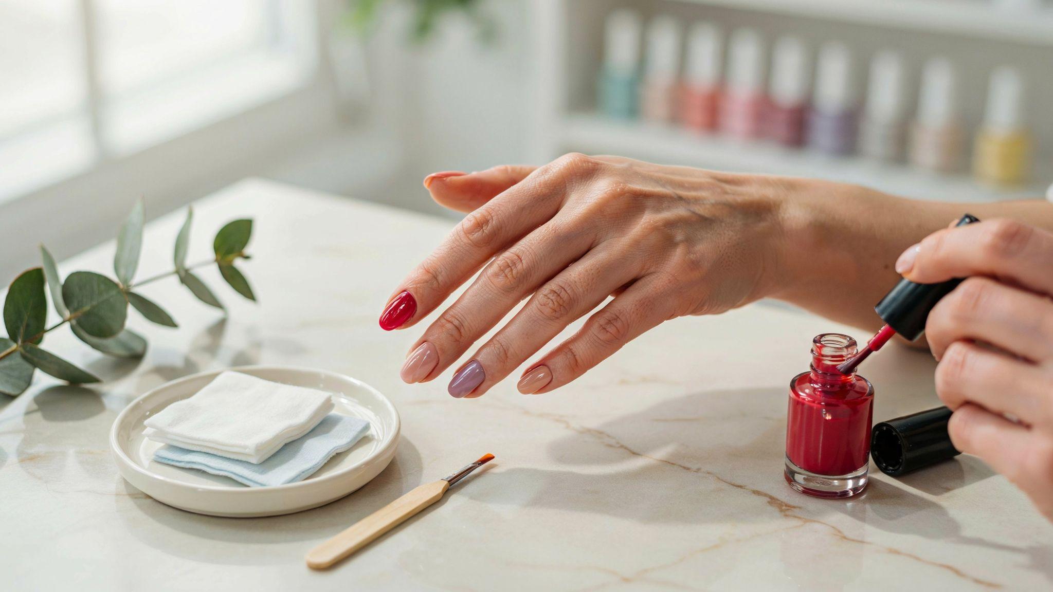 Different nail polish drying stages shown on manicured nails with beauty tools nearby