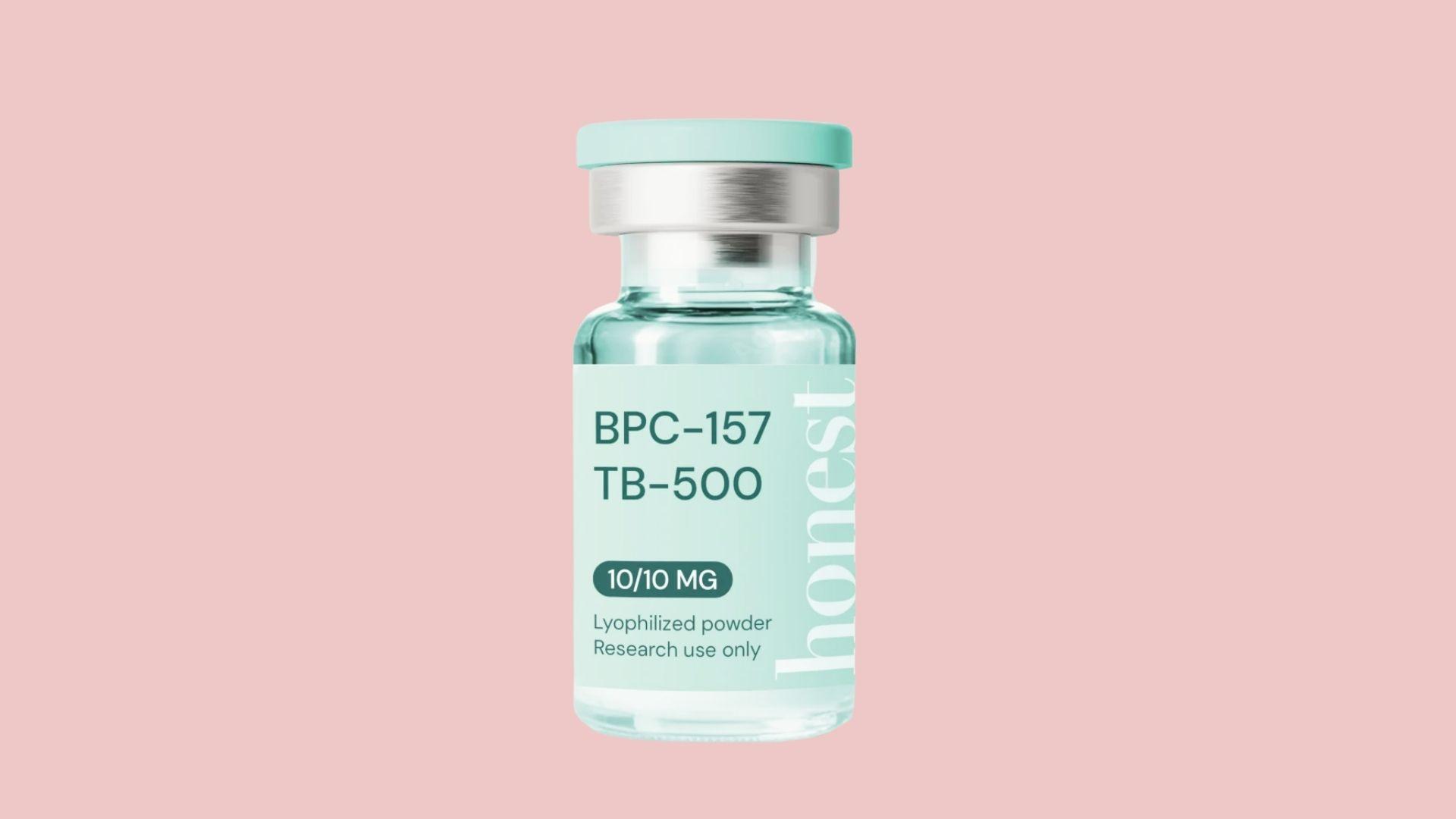 Honest BPC-157 TB-500 10/10 MG lyophilized powder glass vial with mint green label, marked research use only