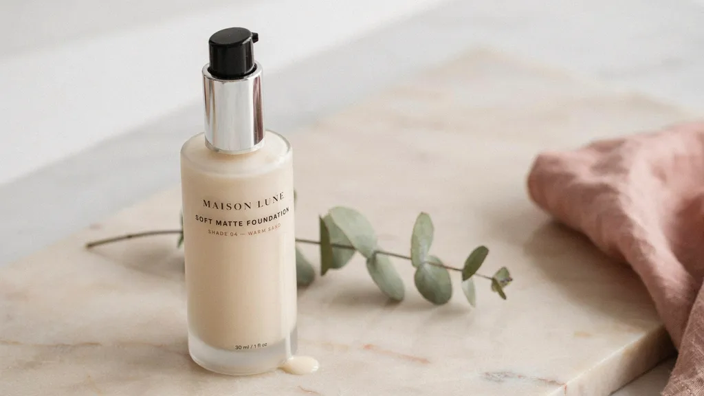 Maison Lune Soft Matte Foundation in Shade 04 Warm Sand displayed on a marble surface beside a eucalyptus sprig and pink linen cloth.